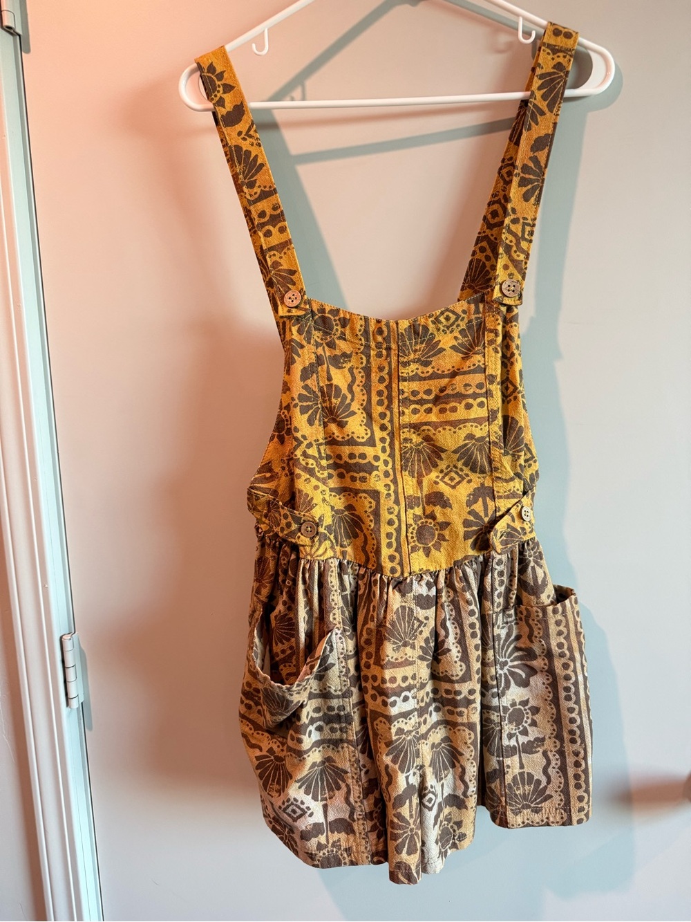 FREE PEOPLE Boho Printed Pinafore Romper in Mustard & Brown